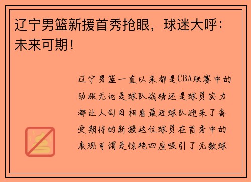 辽宁男篮新援首秀抢眼，球迷大呼：未来可期！